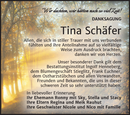 Traueranzeige von Tina Schäfer von Trauerkombi Quedlinburg