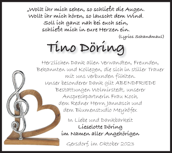 Traueranzeige von Tino Döring von Volksstimme Haldensleben/Wolmirstedt