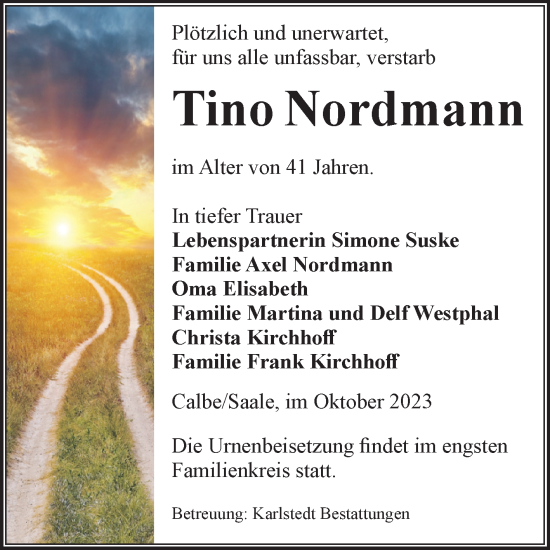 Traueranzeige von Tino Nordmann von Volksstimme Schönebeck