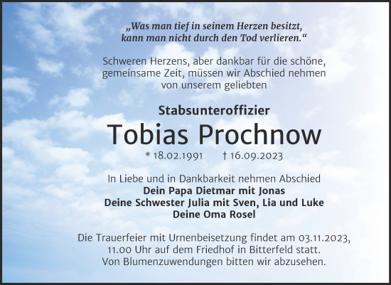 Traueranzeige von Tobias Prochnow von Trauerkombi Bitterfeld