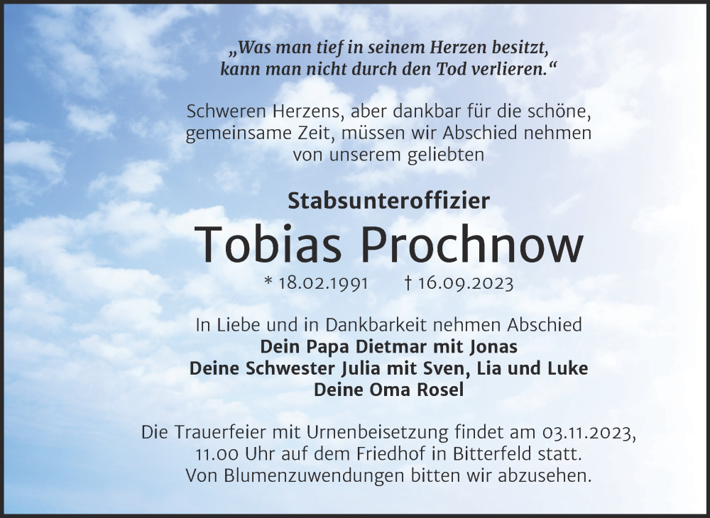  Traueranzeige für Tobias Prochnow vom 14.10.2023 aus Trauerkombi Bitterfeld