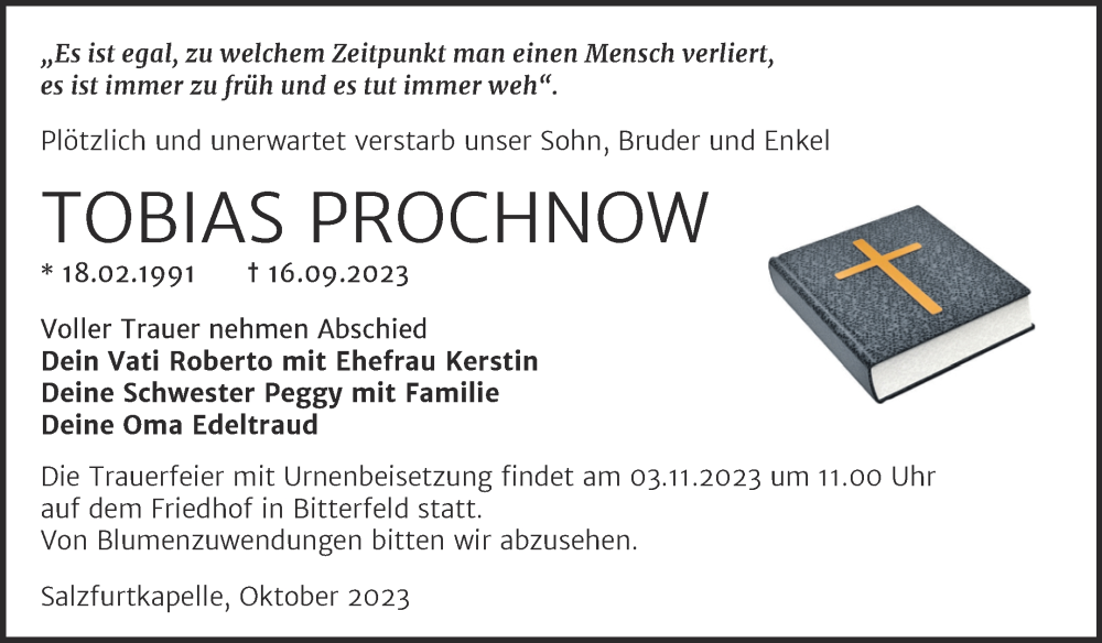  Traueranzeige für Tobias Prochnow vom 20.10.2023 aus Trauerkombi Bitterfeld