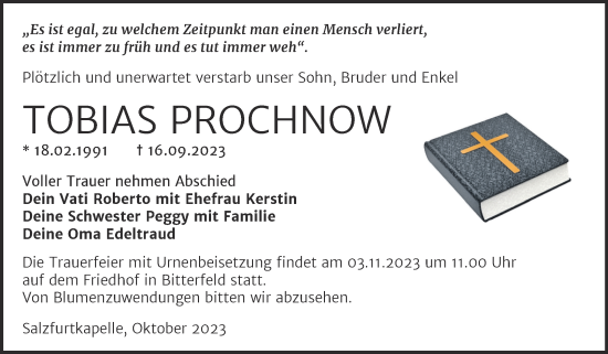 Traueranzeige von Tobias Prochnow von Trauerkombi Bitterfeld
