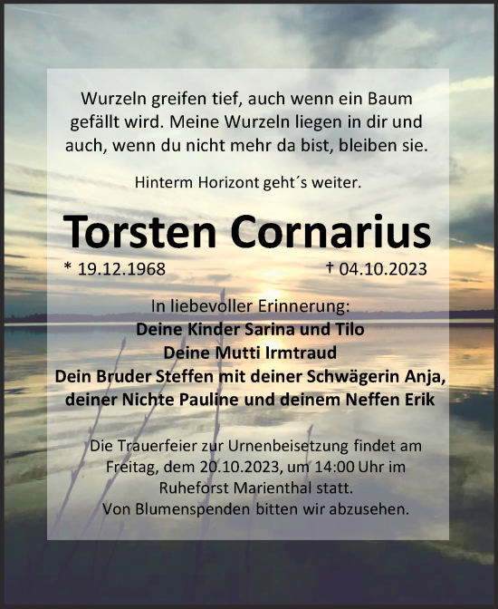 Traueranzeige von Torsten Cornarius von Wochenspiegel Naumburg/Nebra