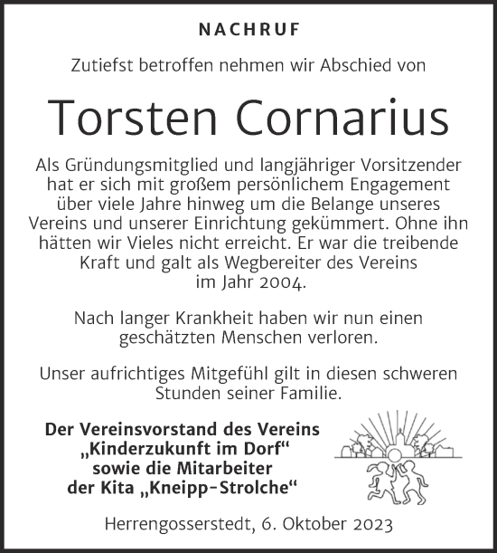 Traueranzeige von Torsten Cornarius von Wochenspiegel Naumburg/Nebra