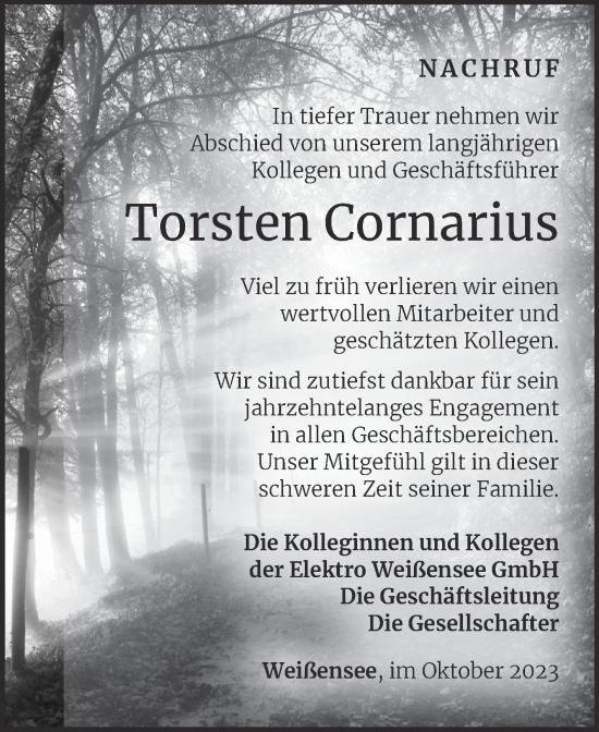 Traueranzeige von Torsten Cornarius von Wochenspiegel Naumburg/Nebra