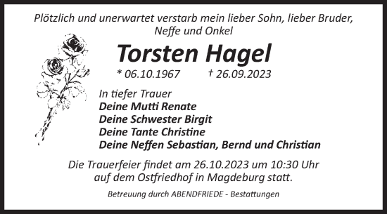 Traueranzeige von Torsten Hagel von Volksstimme Magdeburg
