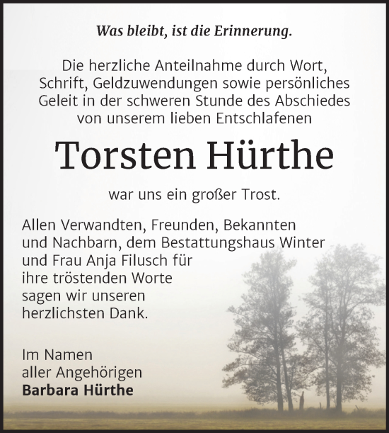 Traueranzeige von Torsten Hürthe von Trauerkombi Bitterfeld