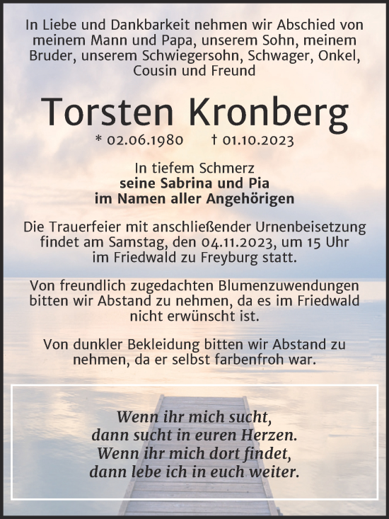 Traueranzeige von Torsten Kronberg von Wochenspiegel Naumburg/Nebra