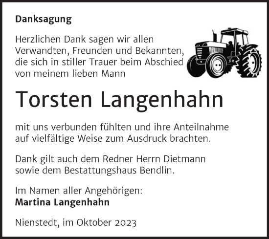 Traueranzeige von Torsten Langenhahn von Trauerkombi Sangerhausen