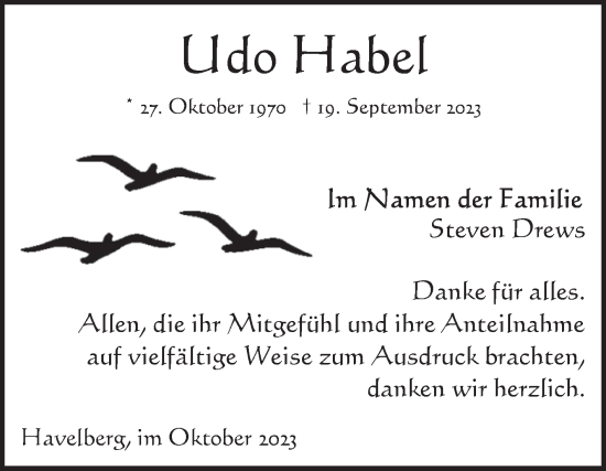 Traueranzeige von Udo Habel von Volksstimme Altmark Ost