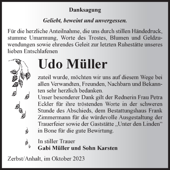 Traueranzeige von Udo Müller von Volksstimme Zerbst