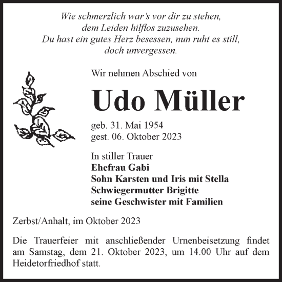 Traueranzeige von Udo Müller von Volksstimme Zerbst