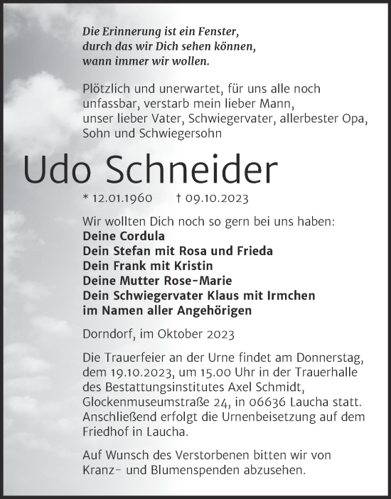 Traueranzeige von Udo Schneider von Wochenspiegel Naumburg/Nebra
