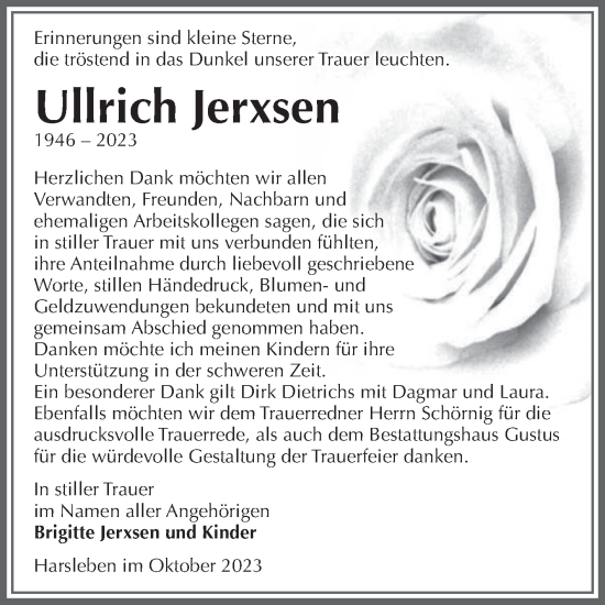 Traueranzeige von Ullrich Jerxsen von Volksstimme Halberstadt