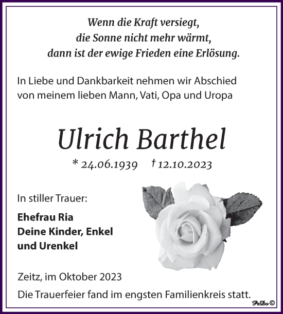 Traueranzeige von Ulrich Barthel von Trauerkombi Zeitz