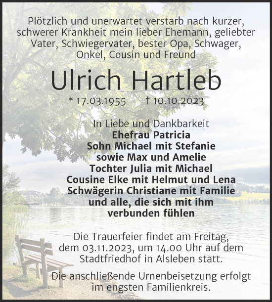 Traueranzeige von Ulrich Hartleb von Trauerkombi Bernburg