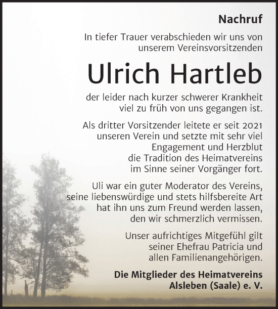 Traueranzeige von Ulrich Hartleb von Super Sonntag Bernburg