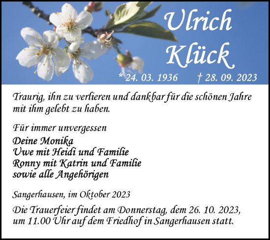 Traueranzeige von Ulrich Klück von Trauerkombi Sangerhausen