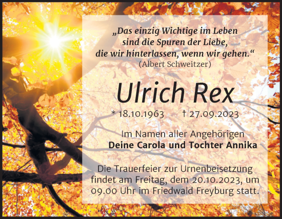 Traueranzeige von Ulrich Rex von Trauerkombi Merseburg