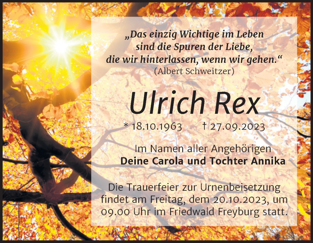  Traueranzeige für Ulrich Rex vom 06.10.2023 aus Trauerkombi Merseburg