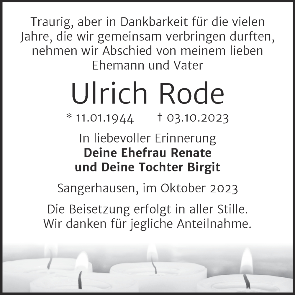  Traueranzeige für Ulrich Rode vom 07.10.2023 aus Trauerkombi Sangerhausen
