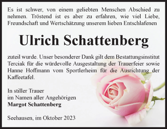 Traueranzeige von Ulrich Schattenberg von Volksstimme Oschersleben/Wanzleben