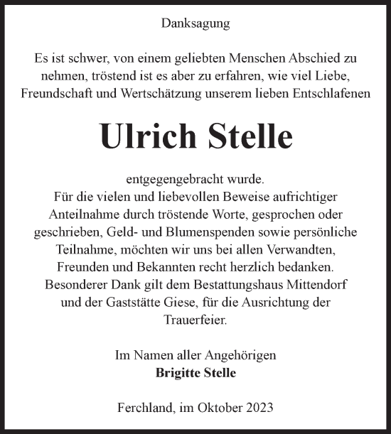 Traueranzeige von Ulrich Stelle von Volksstimme Burg/Genthin