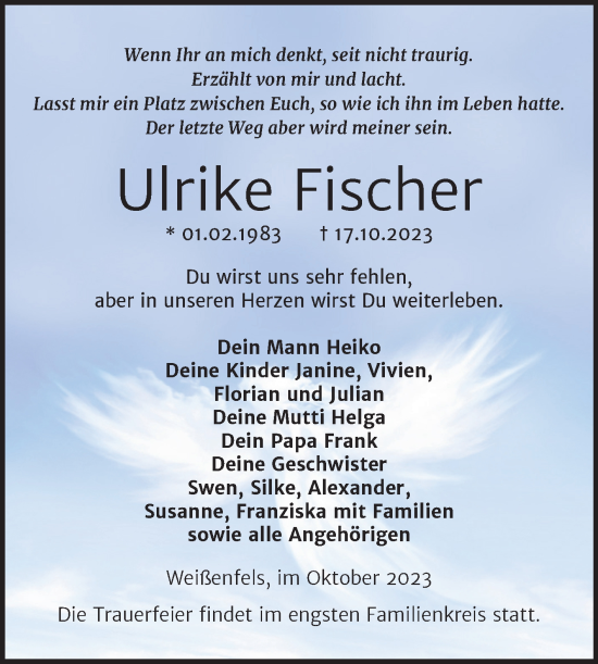 Traueranzeige von Ulrike Fischer von Trauerkombi Weißenfels