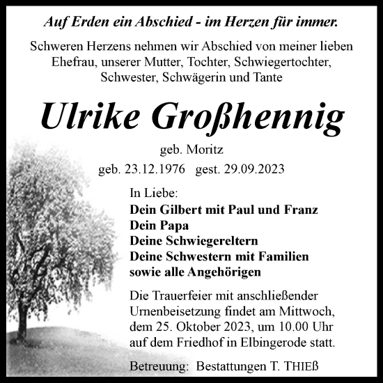 Traueranzeige von Ulrike Großhennig von Volksstimme Wernigerode