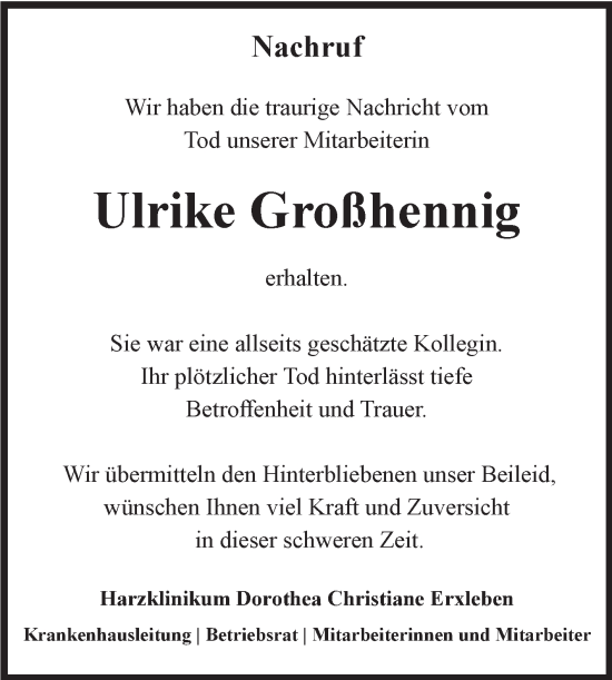 Traueranzeige von Ulrike Großhennig von Volksstimme Wernigerode