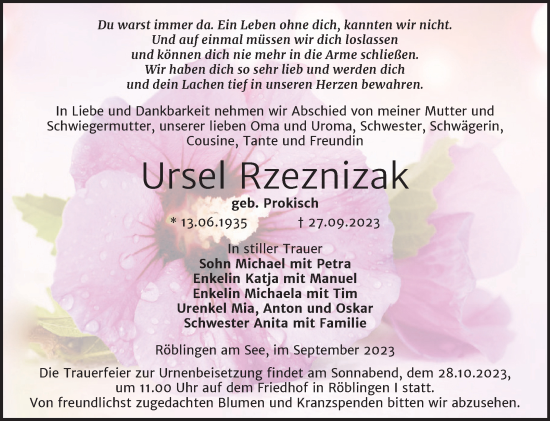 Traueranzeige von Ursel Rzeznizak von Trauerkombi Mansfelder Land