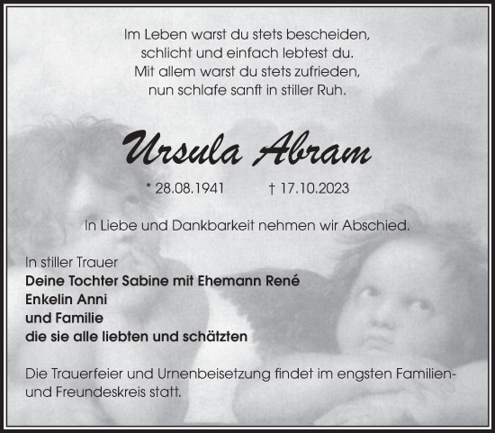 Traueranzeige von Ursula Abram von Volksstimme Staßfurt