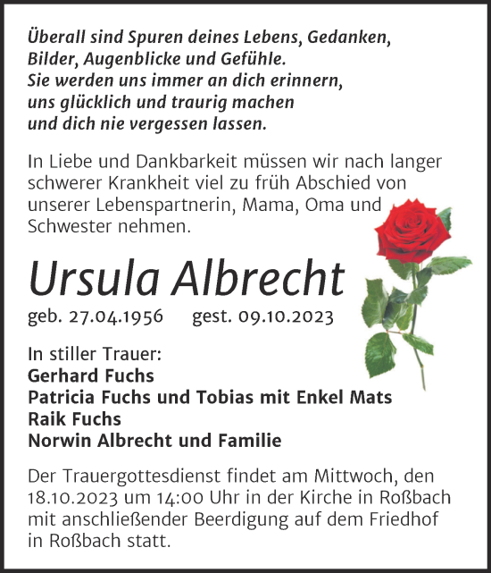 Traueranzeige von Ursula Albrecht von Naumburger Tageblatt