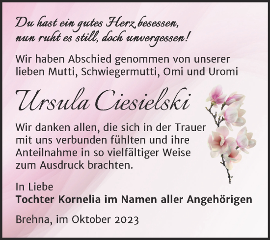 Traueranzeige von Ursula Ciesielski von Trauerkombi Bitterfeld