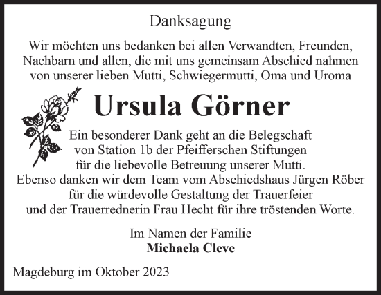 Traueranzeige von Ursula Görner von Volksstimme Magdeburg