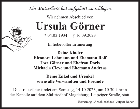 Traueranzeige von Ursula Görner von Volksstimme Magdeburg