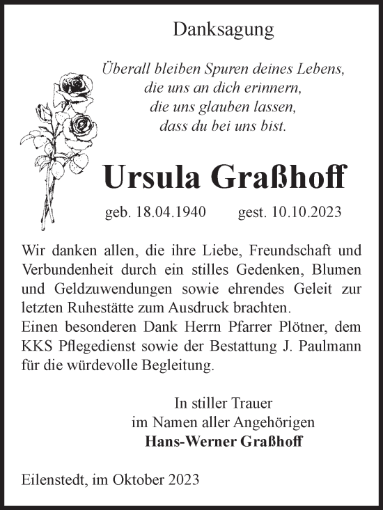 Traueranzeige von Ursula Graßhoff von Volksstimme Halberstadt