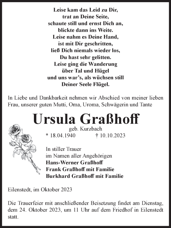 Traueranzeige von Ursula Graßhoff von Volksstimme Halberstadt