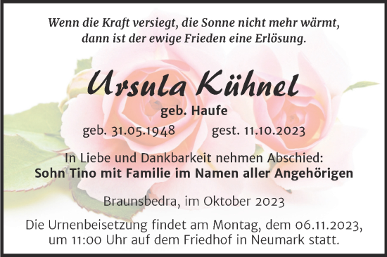 Traueranzeige von Ursula Kühnel von Trauerkombi Merseburg