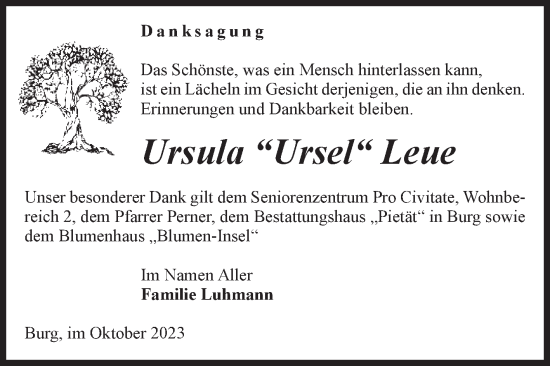 Traueranzeige von Ursula Leue von Volksstimme Burg/Genthin