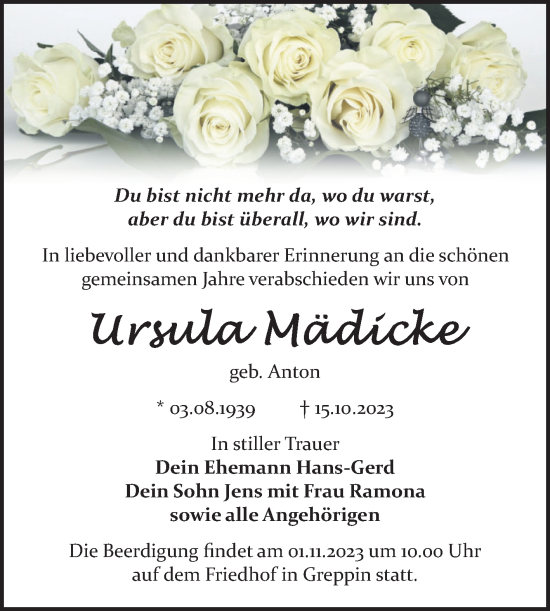 Traueranzeige von Ursula Mädicke von Trauerkombi Bitterfeld