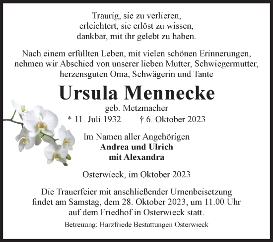 Traueranzeige von Ursula Mennecke von Volksstimme Halberstadt