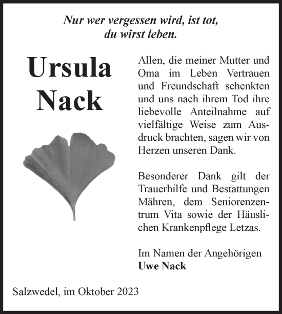 Traueranzeige von Ursula Nack von Volksstimme Altmark West