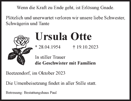 Traueranzeige von Ursula Otte von Volksstimme Altmark West