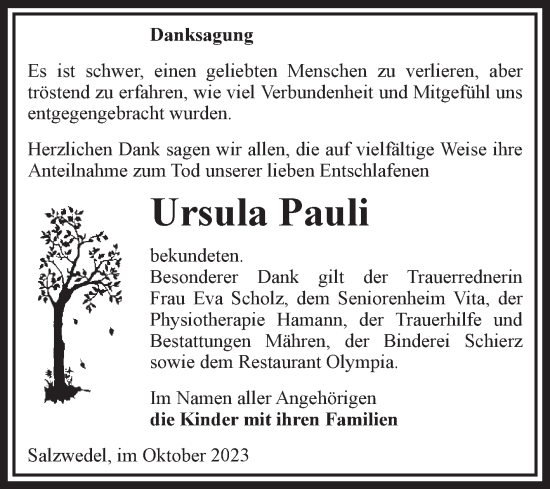 Traueranzeige von Ursula Pauli von Volksstimme Altmark West