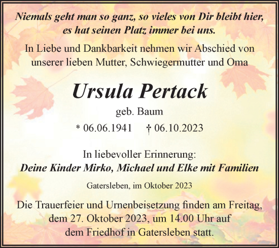 Traueranzeige von Ursula Pertack von Trauerkombi Aschersleben