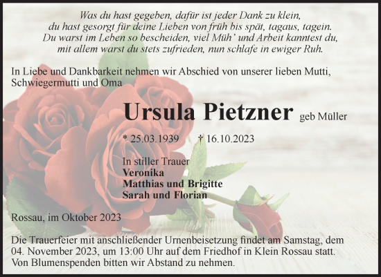 Traueranzeige von Ursula Pietzner von Volksstimme Altmark Ost