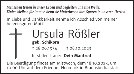 Traueranzeige von Ursula Rößler von Trauerkombi Merseburg