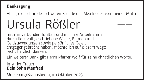 Traueranzeige von Ursula Rößler von Trauerkombi Merseburg
